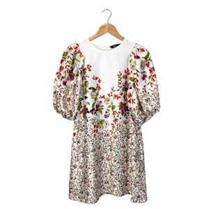 Zara White Floral Print Dress Satin Puff Sleeve
Shift w/ Pockets, Size XS